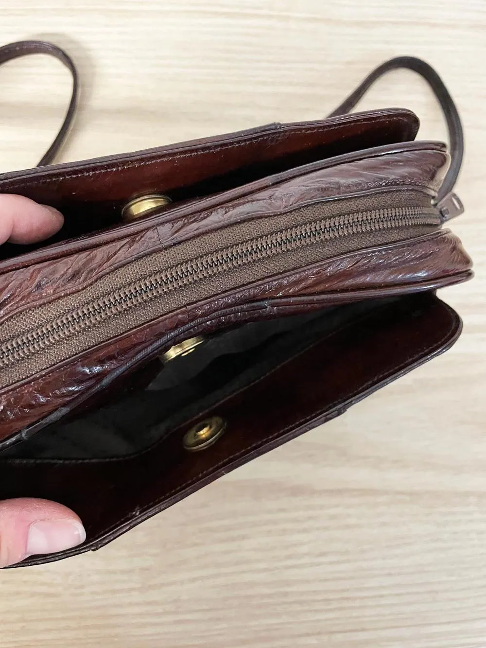 vintage 80s eelskin leather crossbody bag sold by Good Market Thrift Store product image thumbnail 3