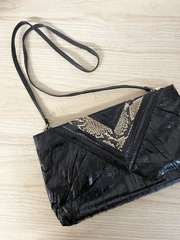 vintage 80s eelskin + snakeskin leather crossbody clutch | suede lining sold by Good Market Thrift Store
