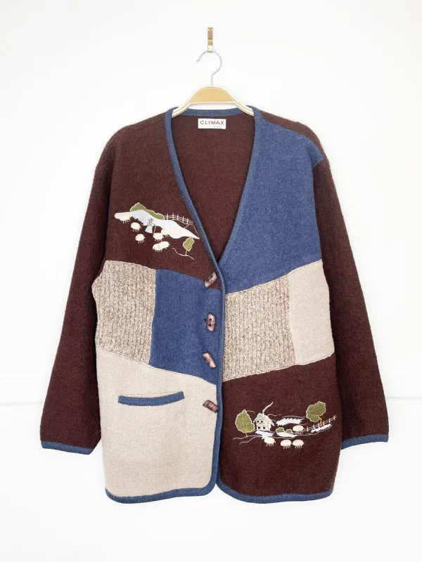 vintage 00s climax by sacha wool patchwork farm scene cardigan sold by Good Market Thrift Store