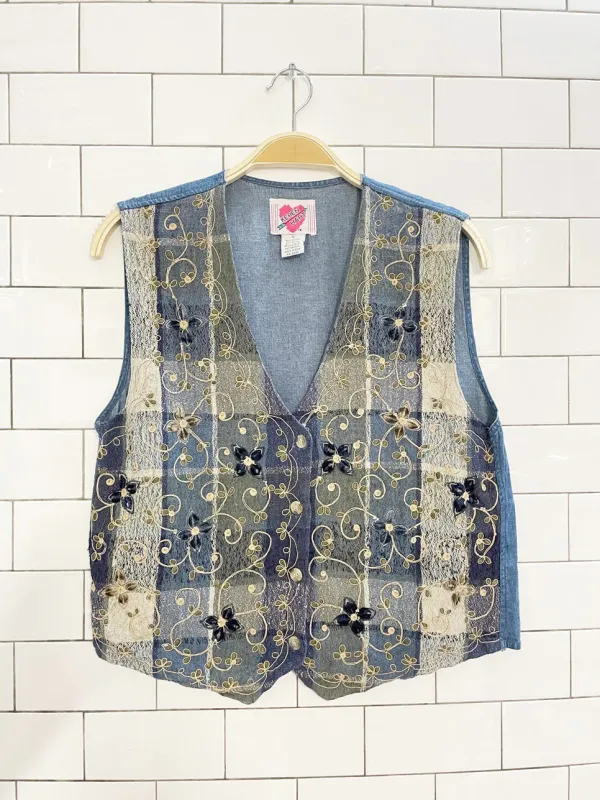 vintage 90s keren hart velvet flower embroidered plaid denim vest | made in India sold by Good Market Thrift Store