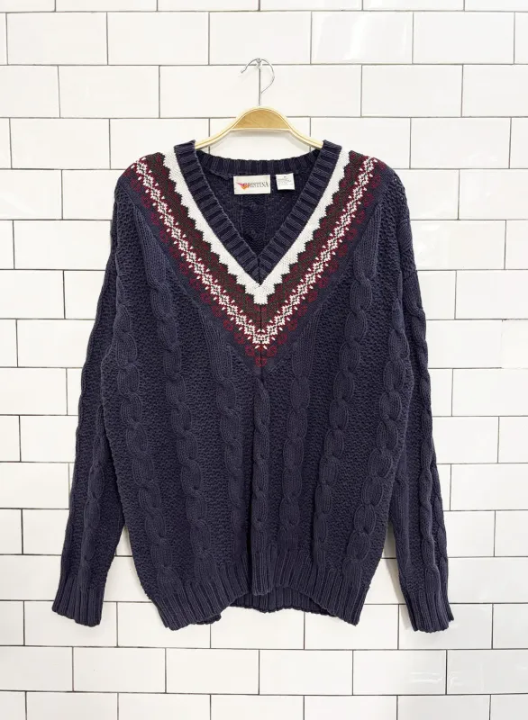 vintage 90s cristina ramie-cotton cable knit v neck sweater | tennis prep sold by Good Market Thrift Store