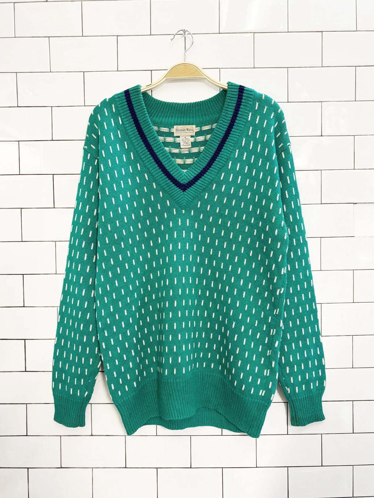 vintage 80s boundary waters ramie-cotton birdseye v-neck sweater | tennis prep sold by Good Market Thrift Store
