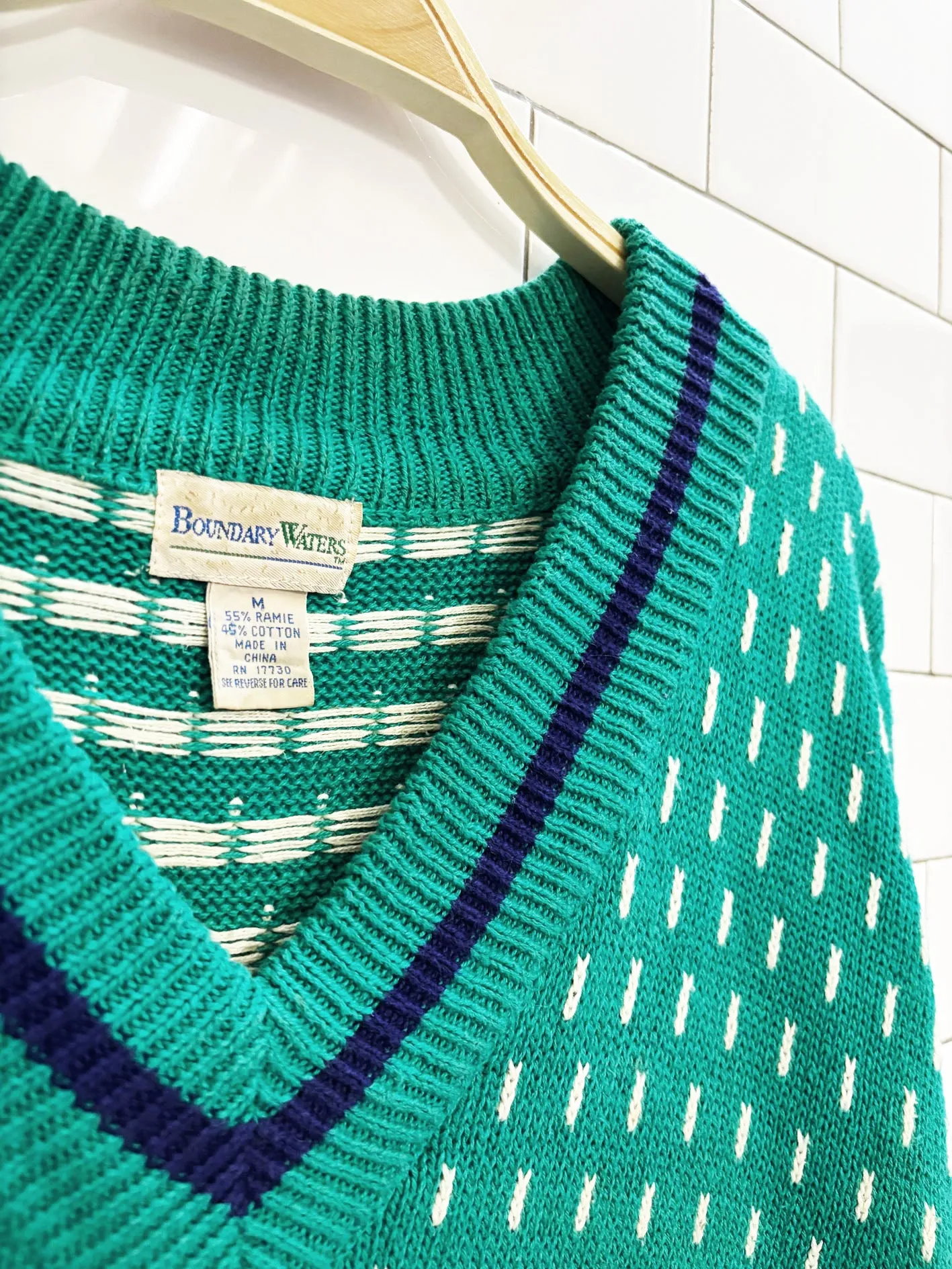 vintage 80s boundary waters ramie-cotton birdseye v-neck sweater | tennis prep sold by Good Market Thrift Store product image thumbnail 2