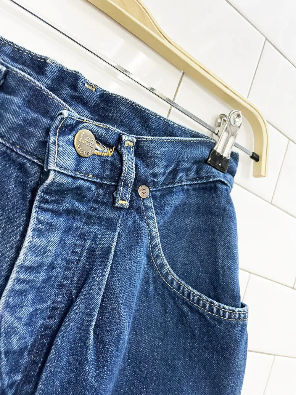 vintage 90s lee rider pleated indigo high waisted jeans | made in usa sold by Good Market Thrift Store product image thumbnail 2