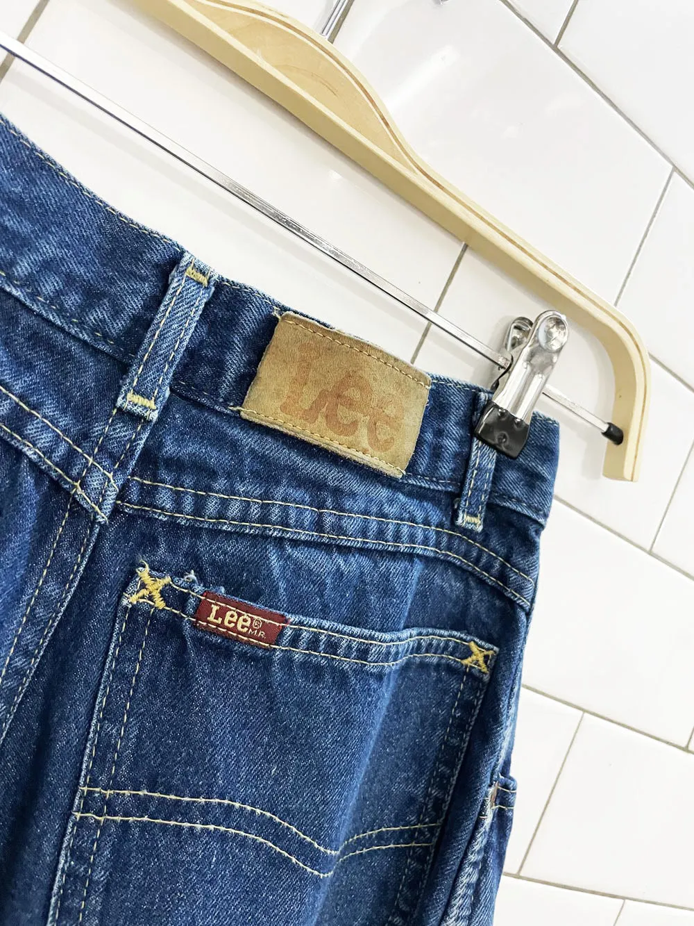 vintage 90s lee rider pleated indigo high waisted jeans | made in usa sold by Good Market Thrift Store product image thumbnail 3