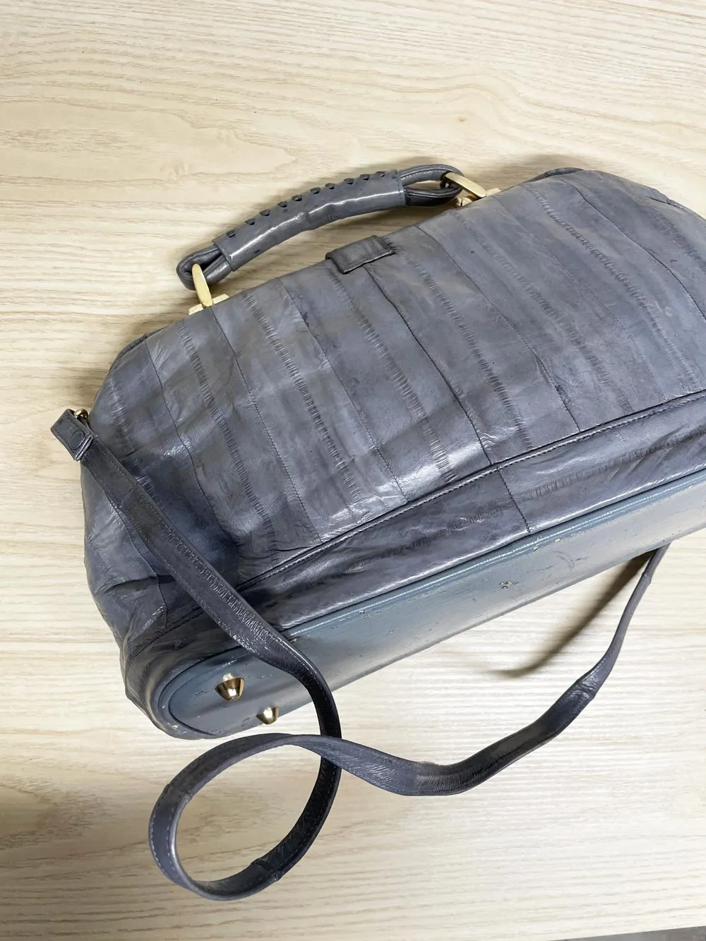 vintage 80s eelskin leather satchel | suede lining | made in korea sold by Good Market Thrift Store product image thumbnail 5