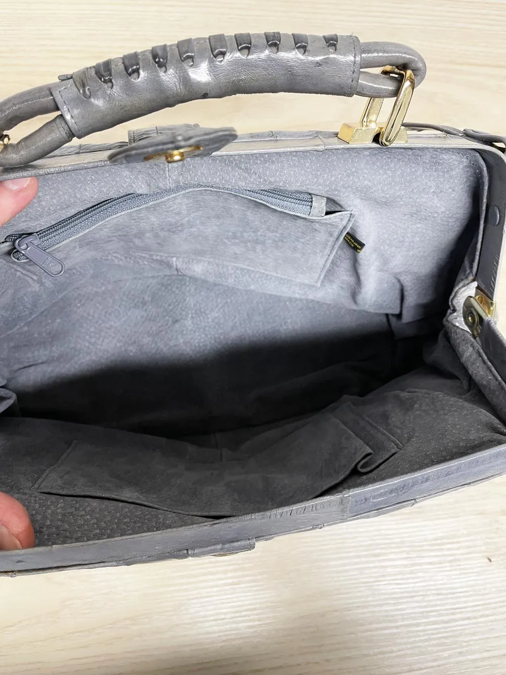 vintage 80s eelskin leather satchel | suede lining | made in korea sold by Good Market Thrift Store product image thumbnail 4