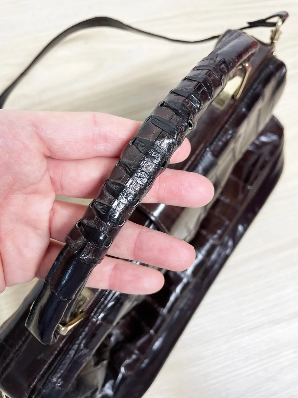 vintage 80s eelskin leather satchel | suede lining | made in korea sold by Good Market Thrift Store product image thumbnail 3