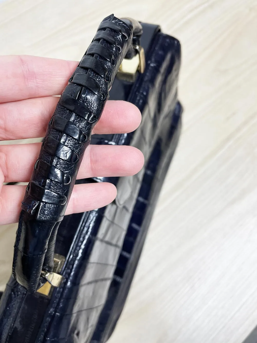 vintage 80s eelskin leather satchel | suede lining | made in korea sold by Good Market Thrift Store product image thumbnail 3