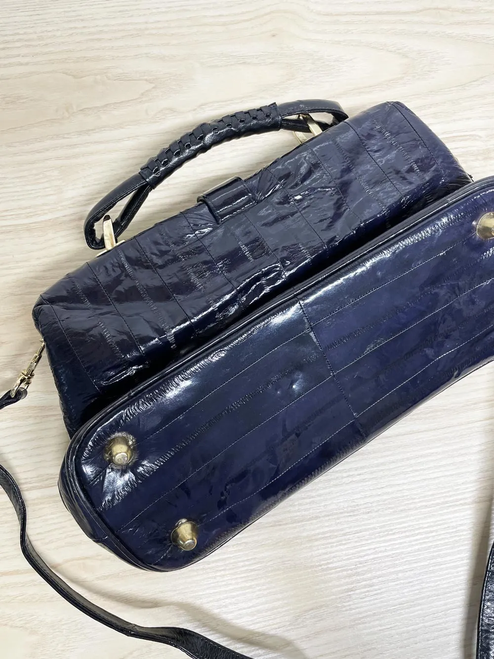 vintage 80s eelskin leather satchel | suede lining | made in korea sold by Good Market Thrift Store product image thumbnail 4