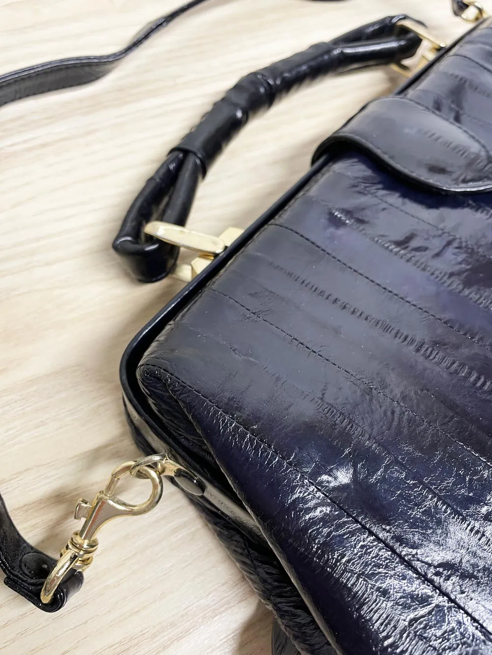 vintage 80s eelskin leather satchel | suede lining | made in korea sold by Good Market Thrift Store product image thumbnail 2