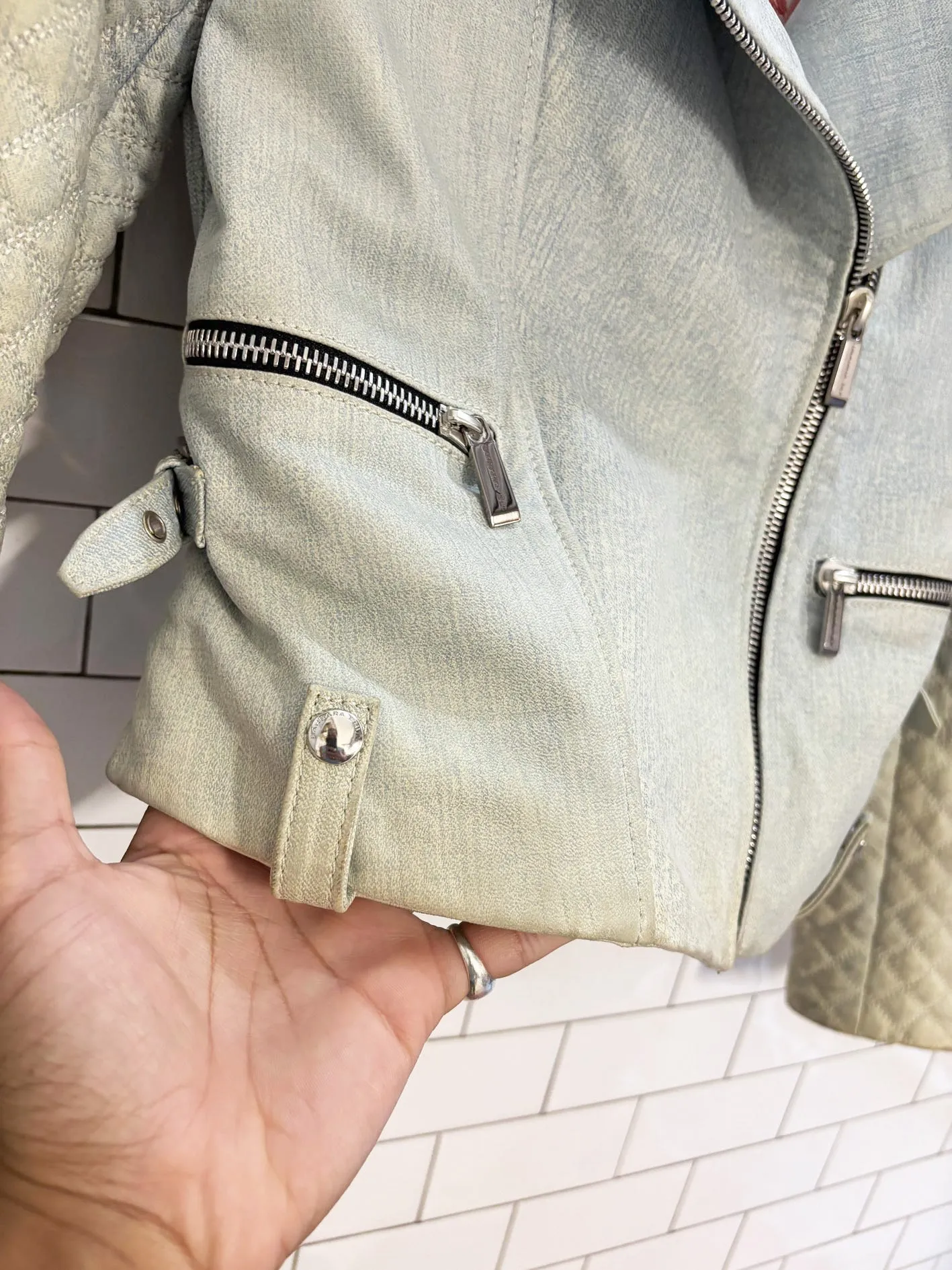 barbara bui quilted denim-print leather biker jacket sold by Good Market Thrift Store product image thumbnail 5