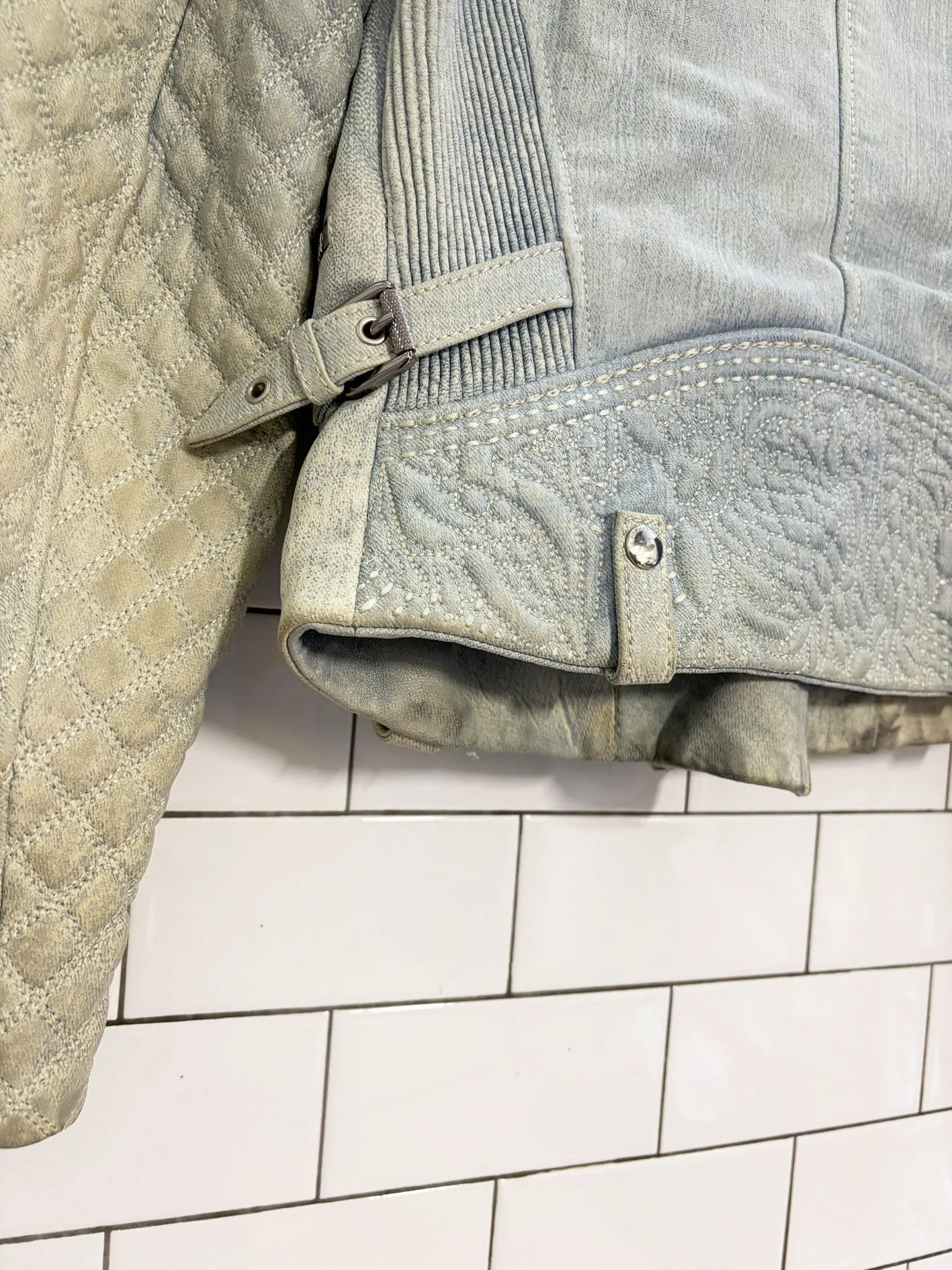 barbara bui quilted denim-print leather biker jacket sold by Good Market Thrift Store product image thumbnail 2