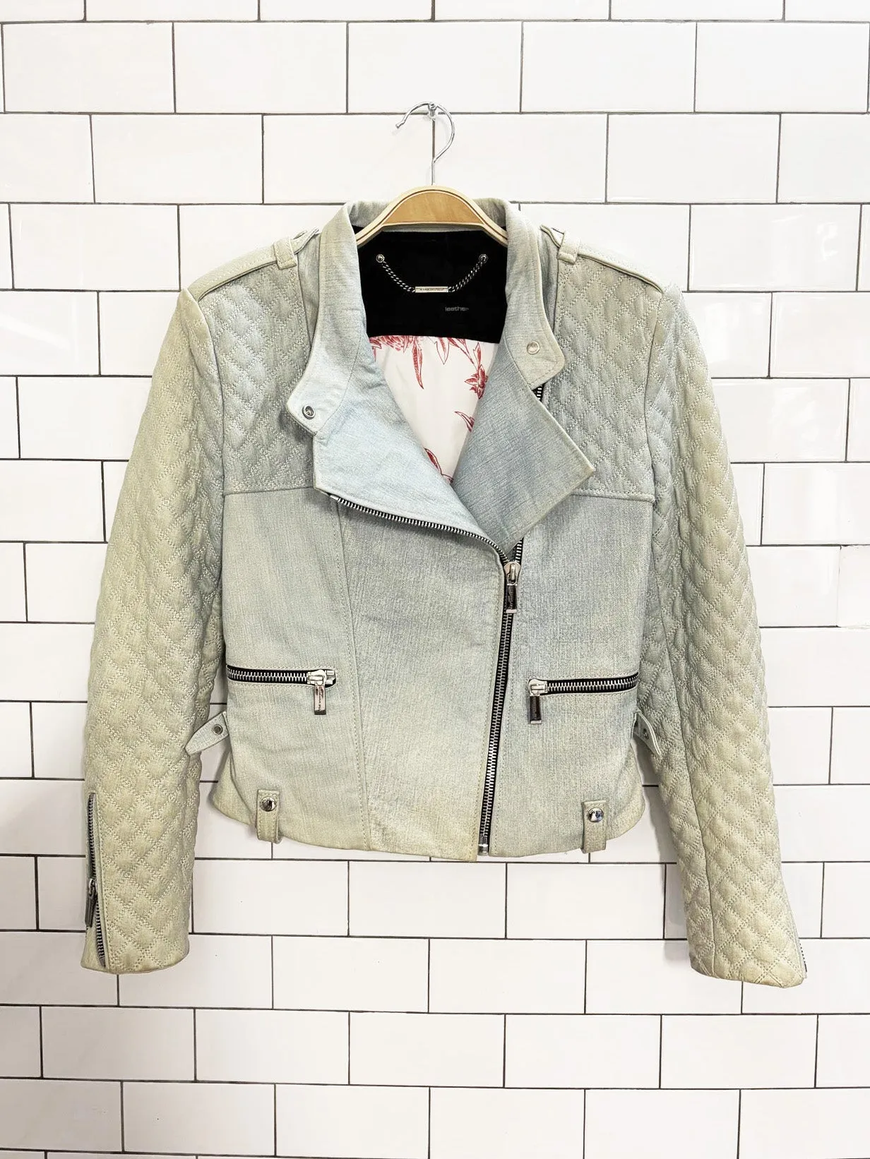 barbara bui quilted denim-print leather biker jacket sold by Good Market Thrift Store