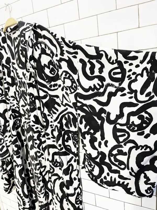 abstract paintbrush art oversized hooded kimono-style belted robe sold by Good Market Thrift Store