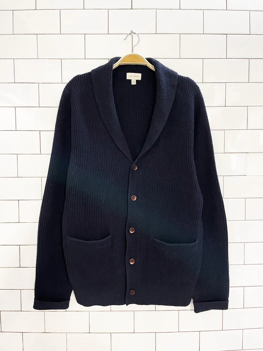 club monaco 100% merino wool ribbed knit shawl cardigan sold by Good Market Thrift Store