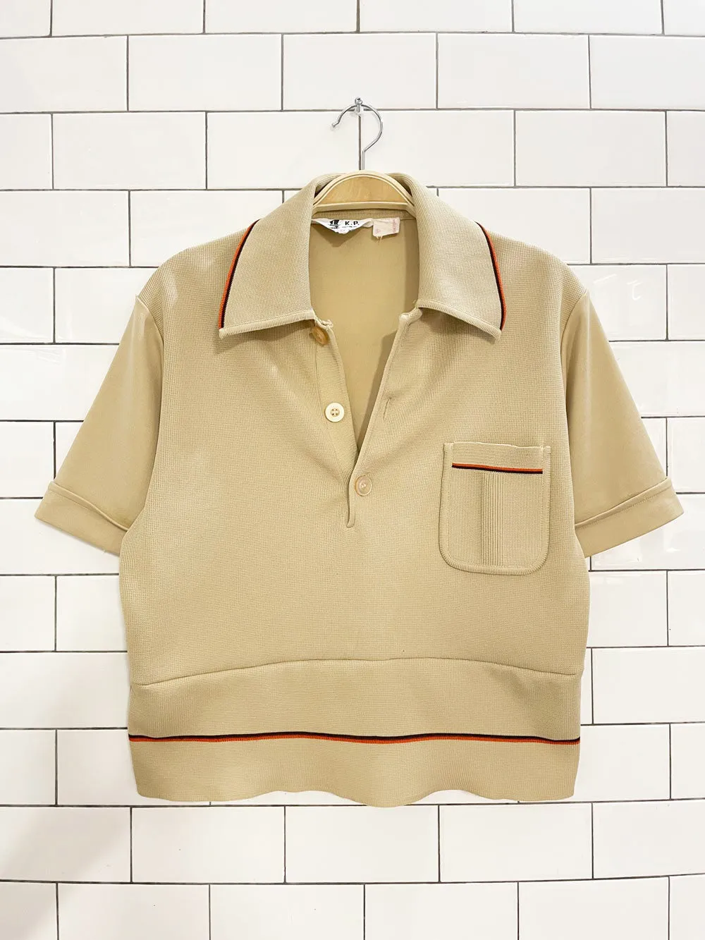 vintage 70s KP knitwear polyknit striped cuff 1/4 button shirt | rework sold by Good Market Thrift Store