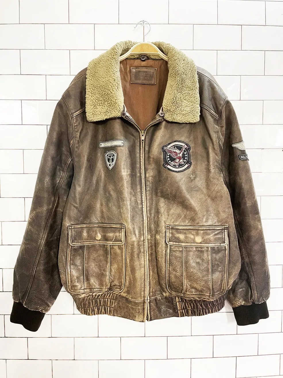 vintage denver hayes sherpa collar leather aviator bomber jacket sold by Good Market Thrift Store
