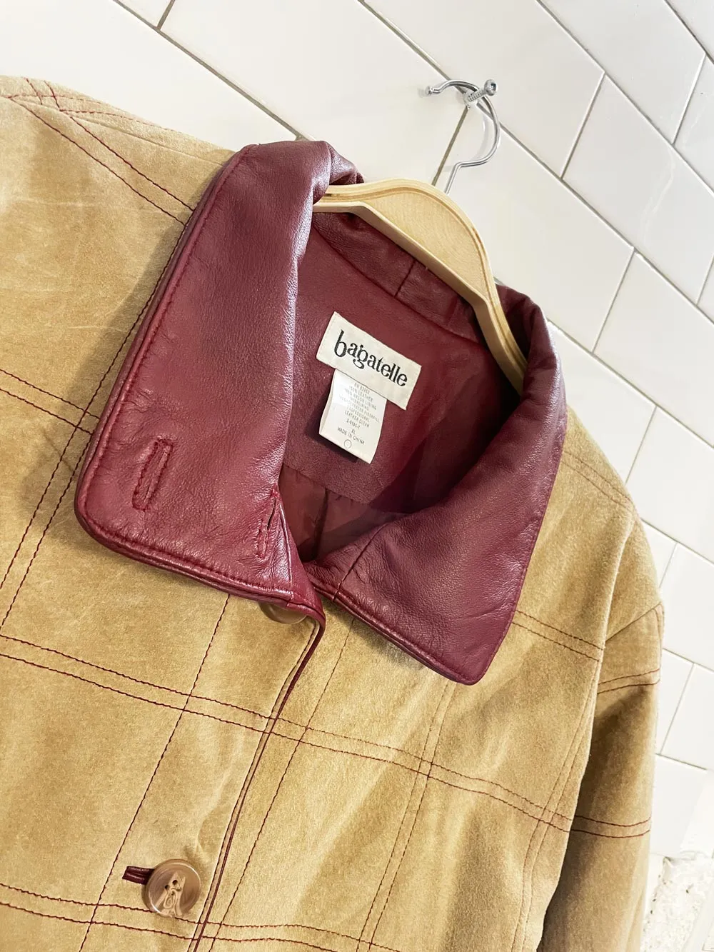 vintage 80s bagatelle suede + leather windowpane stitch chore jacket sold by Good Market Thrift Store product image thumbnail 2