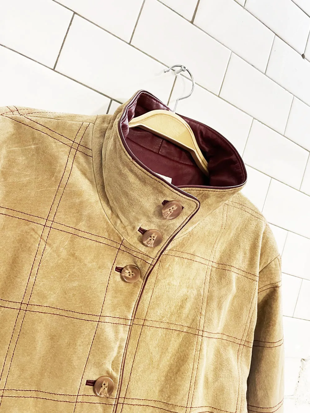 vintage 80s bagatelle suede + leather windowpane stitch chore jacket sold by Good Market Thrift Store product image thumbnail 5