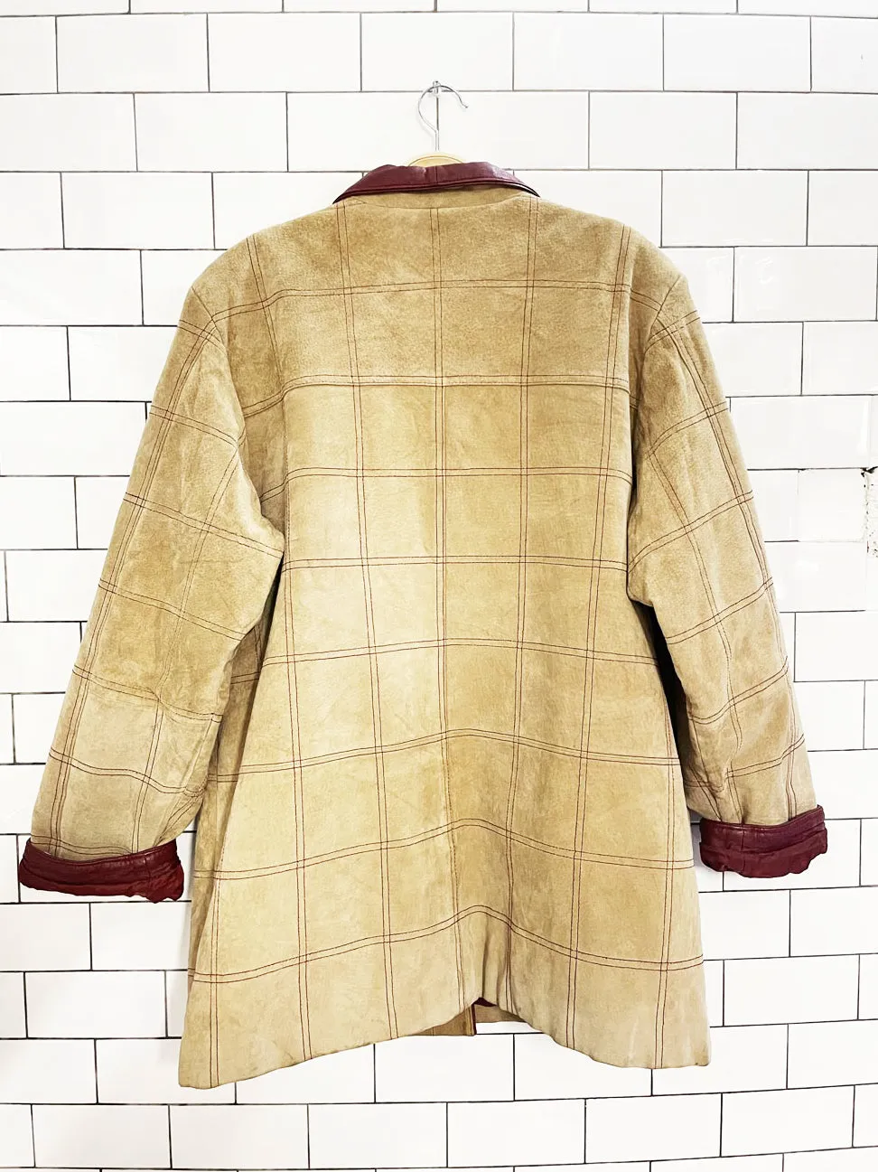 vintage 80s bagatelle suede + leather windowpane stitch chore jacket sold by Good Market Thrift Store product image thumbnail 3