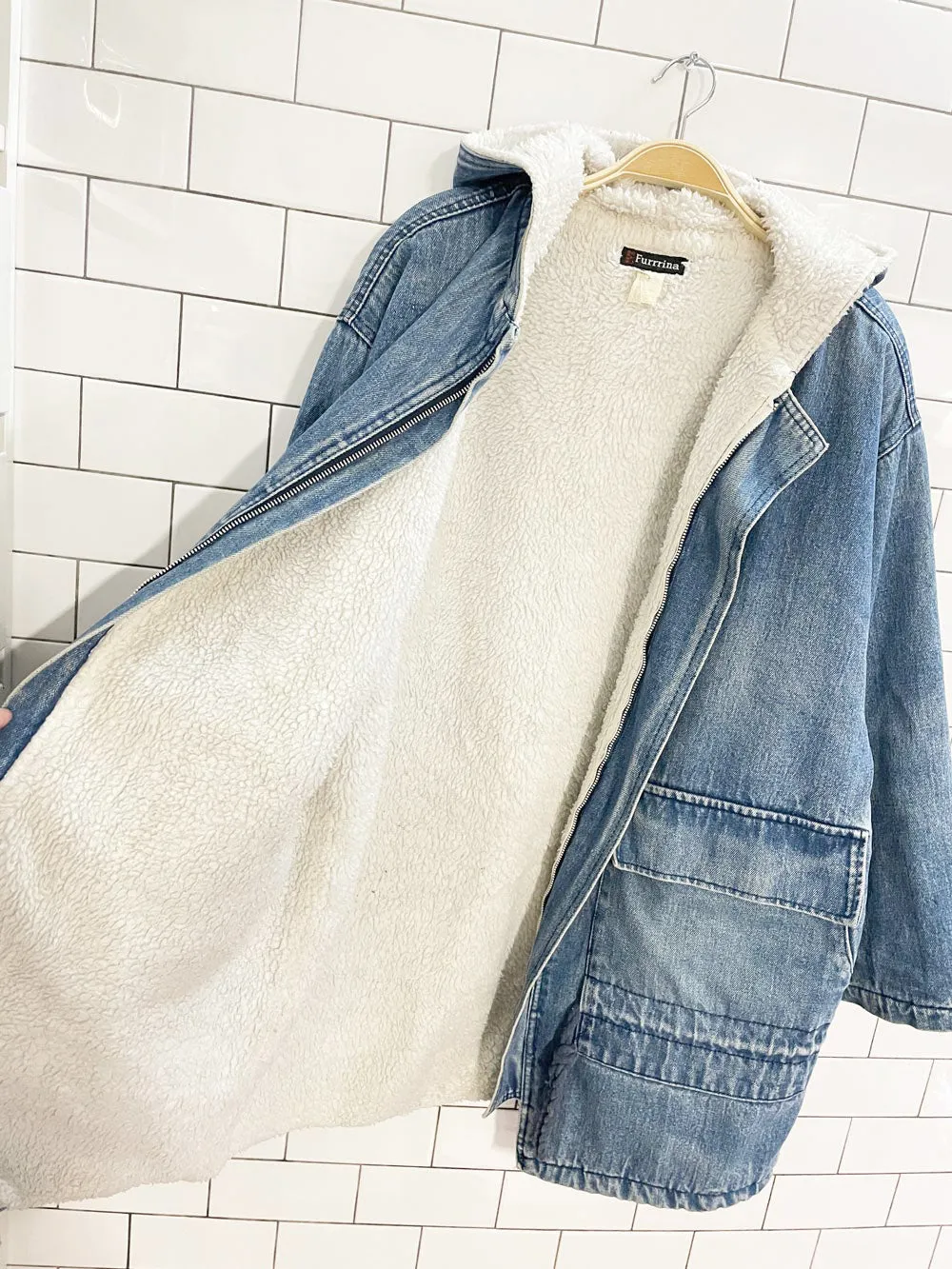 vintage 90s bebe furrrina ltd. sherpa lined hooded denim parka sold by Good Market Thrift Store product image thumbnail 5