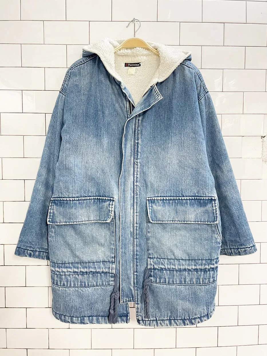 vintage 90s bebe furrrina ltd. sherpa lined hooded denim parka sold by Good Market Thrift Store