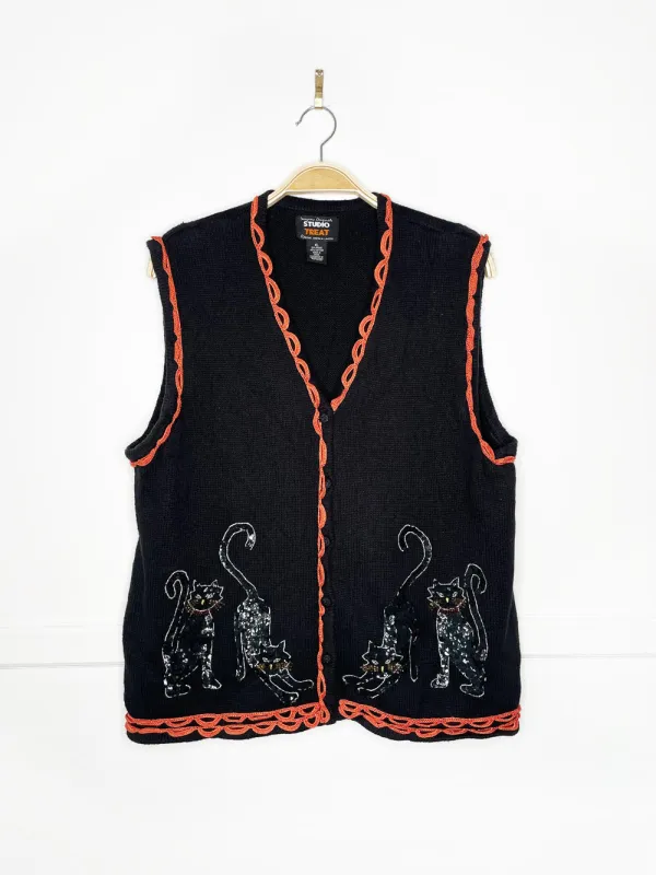 vintage studio treat ramie-cotton sequin black cat vest | halloween | designers originals sold by Good Market Thrift Store