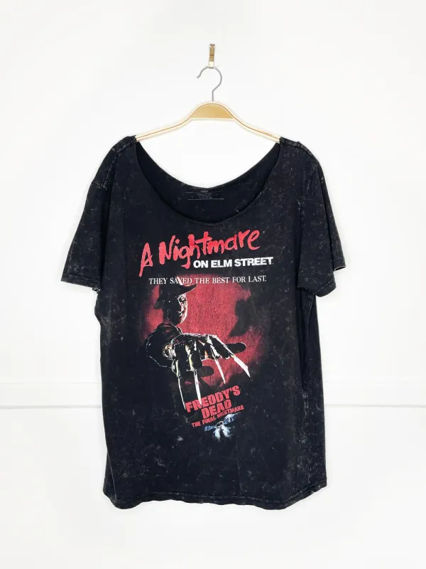 a nightmare on elm street off shoulder acid wash graphic tee | halloween sold by Good Market Thrift Store