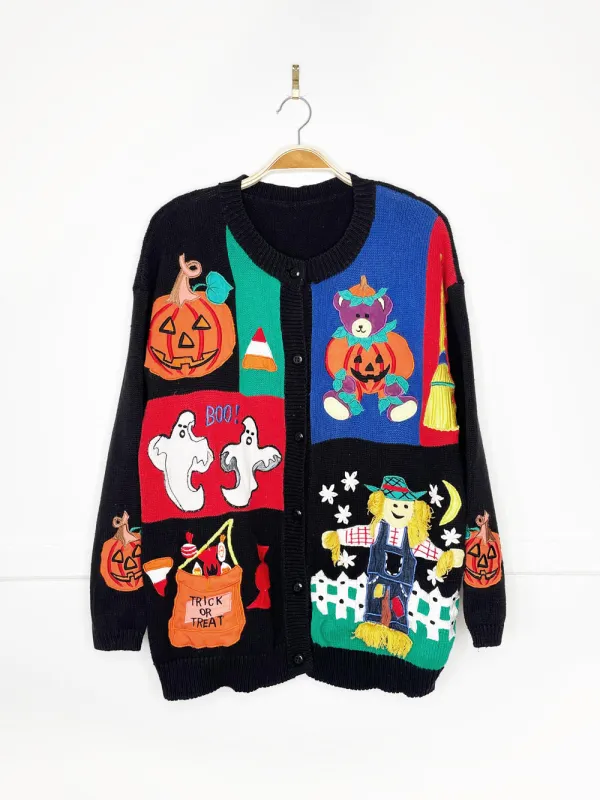 vintage 00s patchwork halloween trick or treat pumpkin knit cardigan sold by Good Market Thrift Store