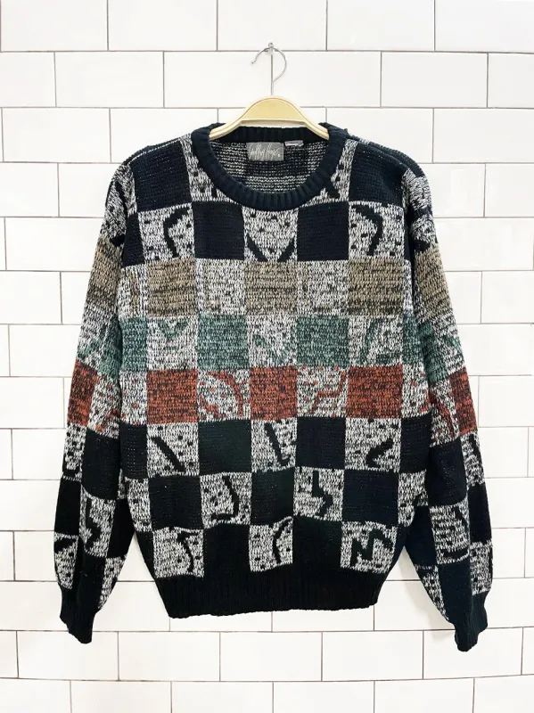 vintage 90s geoffrey hayes checkerboard knit dad sweater sold by Good Market Thrift Store
