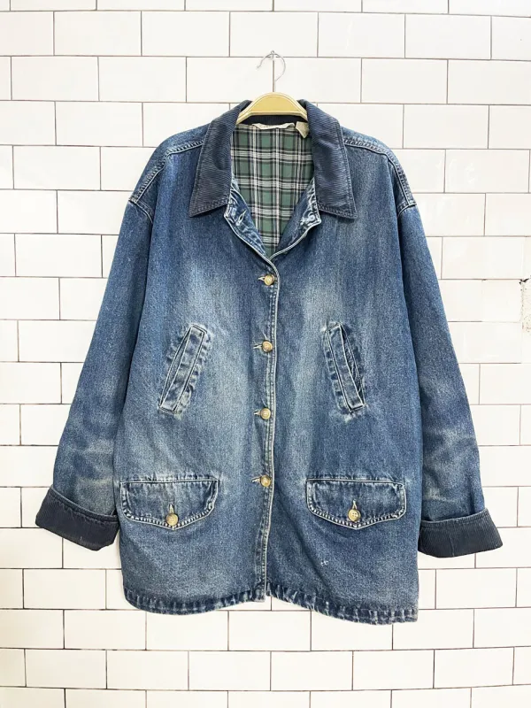 vintage 90s cherokee chunky cord trim denim chore jacket | flannel lined sold by Good Market Thrift Store