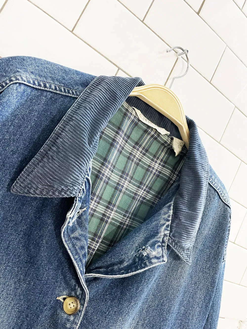 vintage 90s cherokee chunky cord trim denim chore jacket | flannel lined sold by Good Market Thrift Store product image thumbnail 2