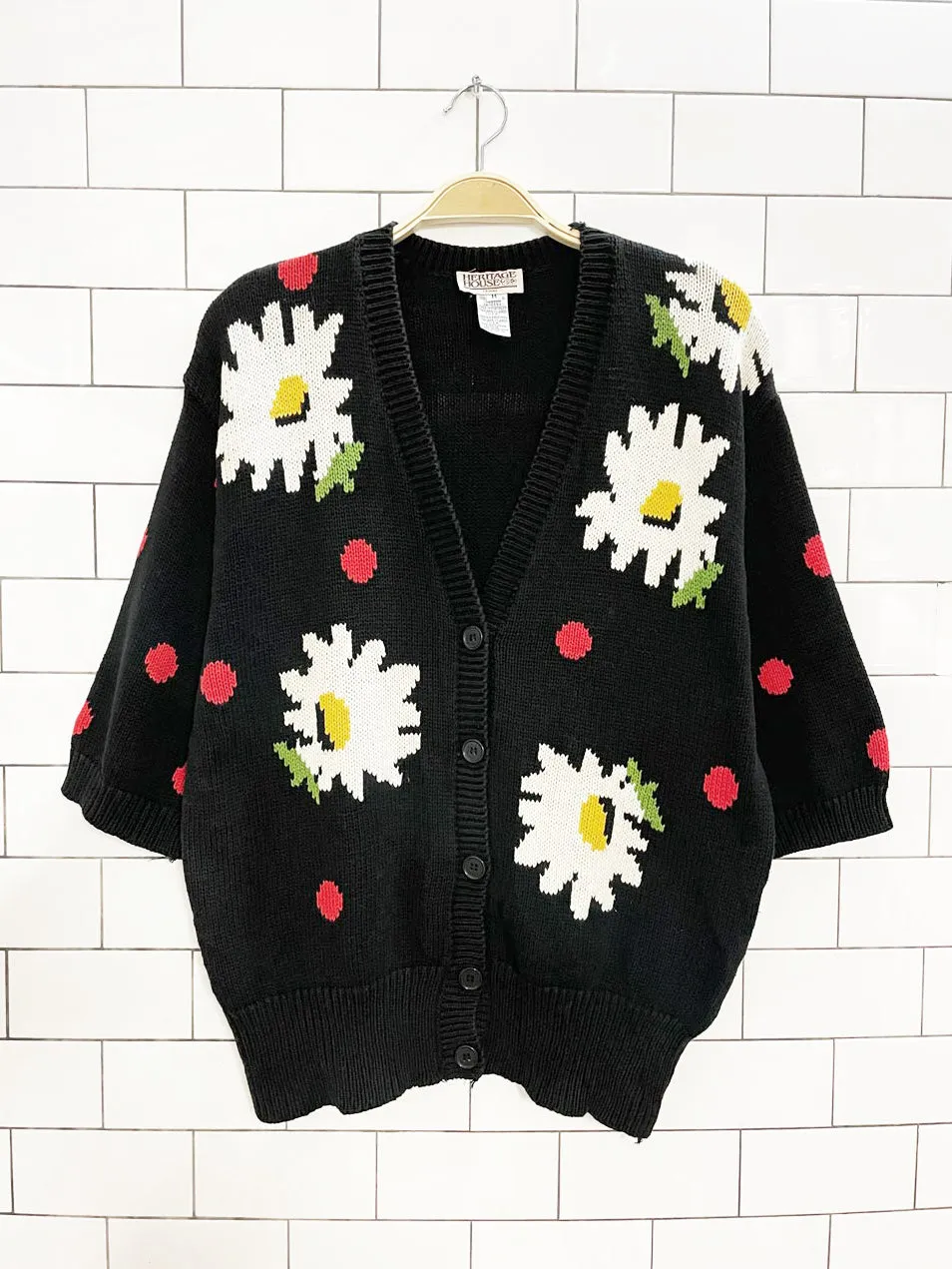vintage 90s heritage house daisy knit short sleeve cardigan | made in USA sold by Good Market Thrift Store