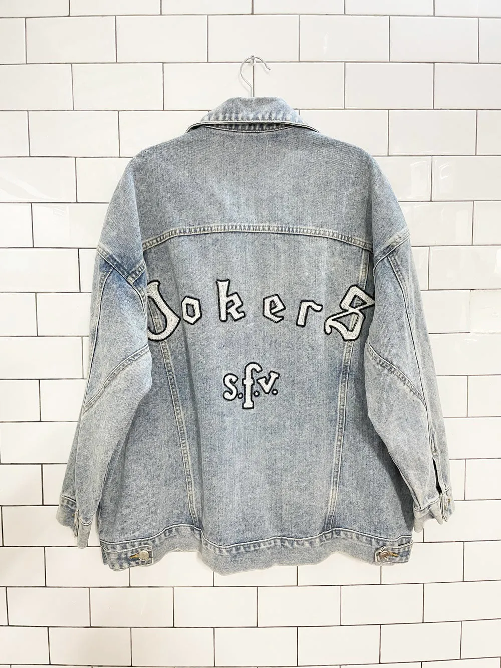 viya studio los angeles jokers oversized denim jacket sold by Good Market Thrift Store product image thumbnail 3