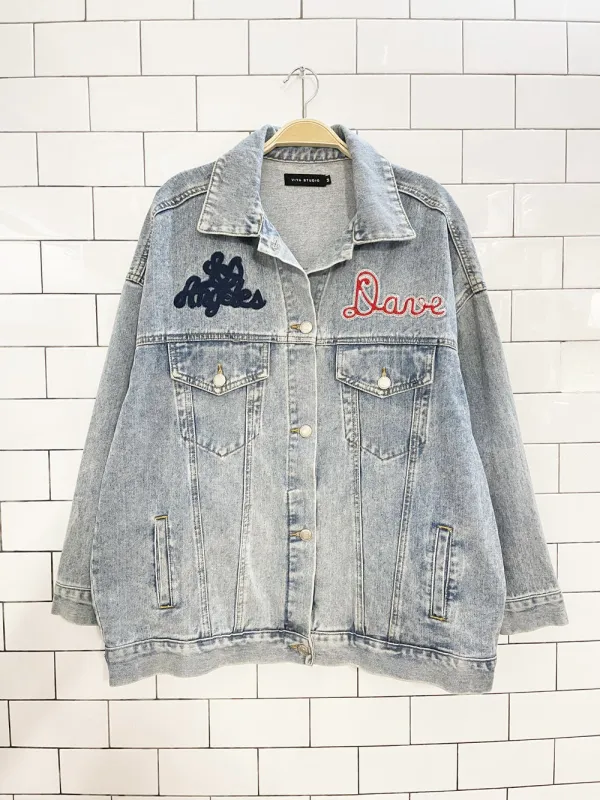 viya studio los angeles jokers oversized denim jacket sold by Good Market Thrift Store