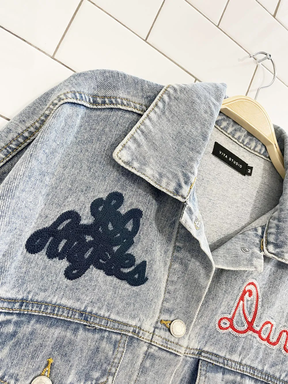 viya studio los angeles jokers oversized denim jacket sold by Good Market Thrift Store product image thumbnail 2