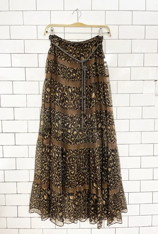 y2k laundry 100% silk boho chiffon tiered animal print maxi skirt | shelli segal sold by Good Market Thrift Store