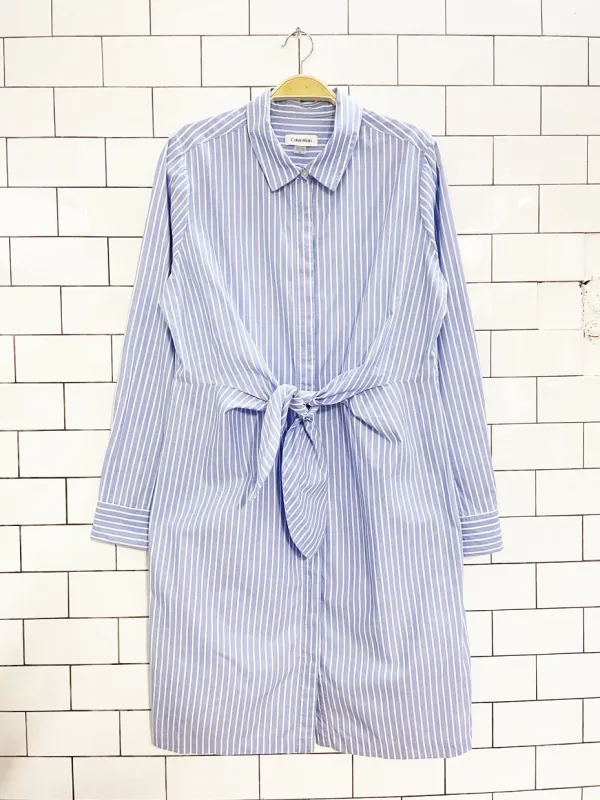 calvin klein blue stripe tie waist long sleeve shirt dress sold by Good Market Thrift Store