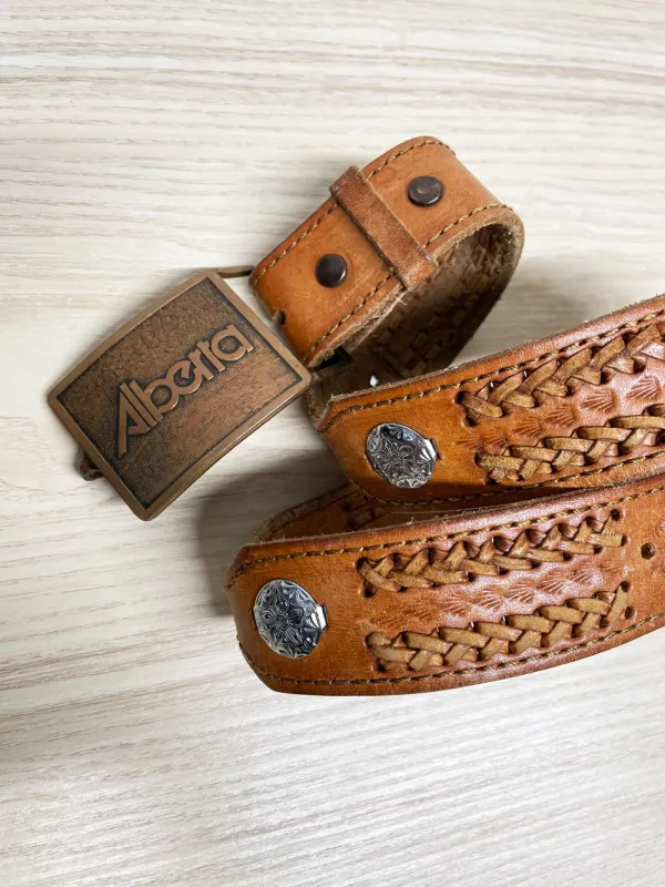 vintage alberta buckle braided leather concho western belt sold by Good Market Thrift Store