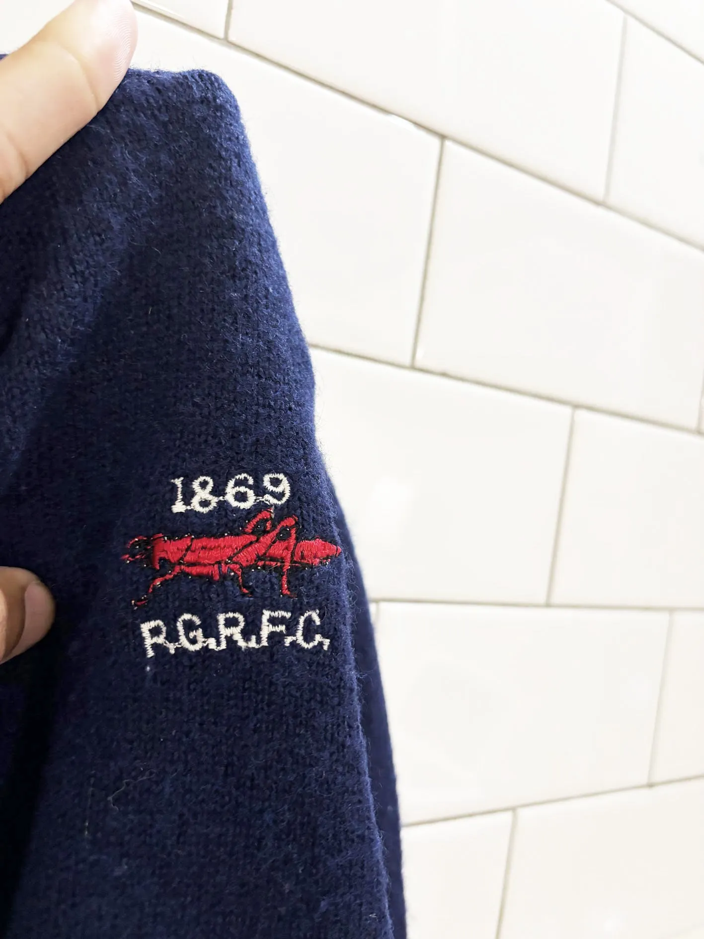 vintage 70s 100% wool RG rugby football club knit v neck sweater sold by Good Market Thrift Store product image thumbnail 2