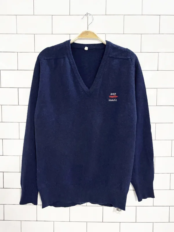 vintage 70s 100% wool RG rugby football club knit v neck sweater sold by Good Market Thrift Store
