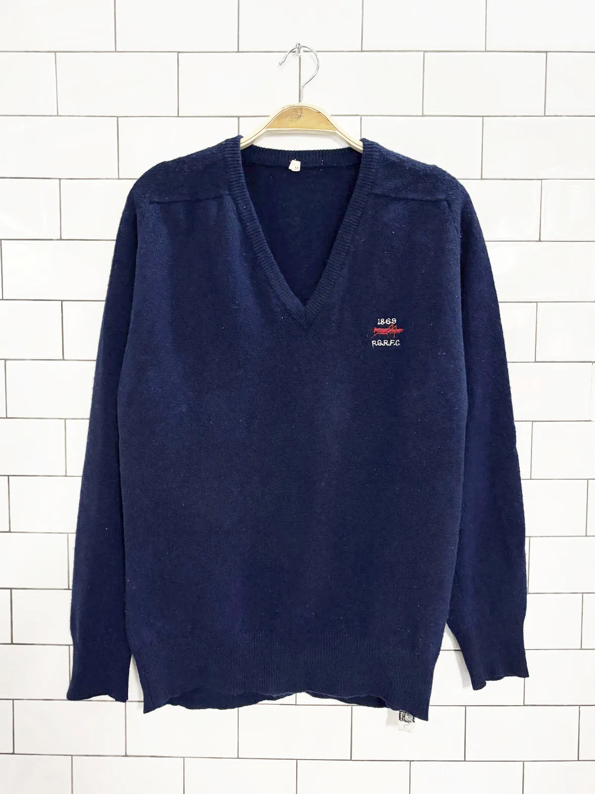 vintage 70s 100% wool RG rugby football club knit v neck sweater sold by Good Market Thrift Store