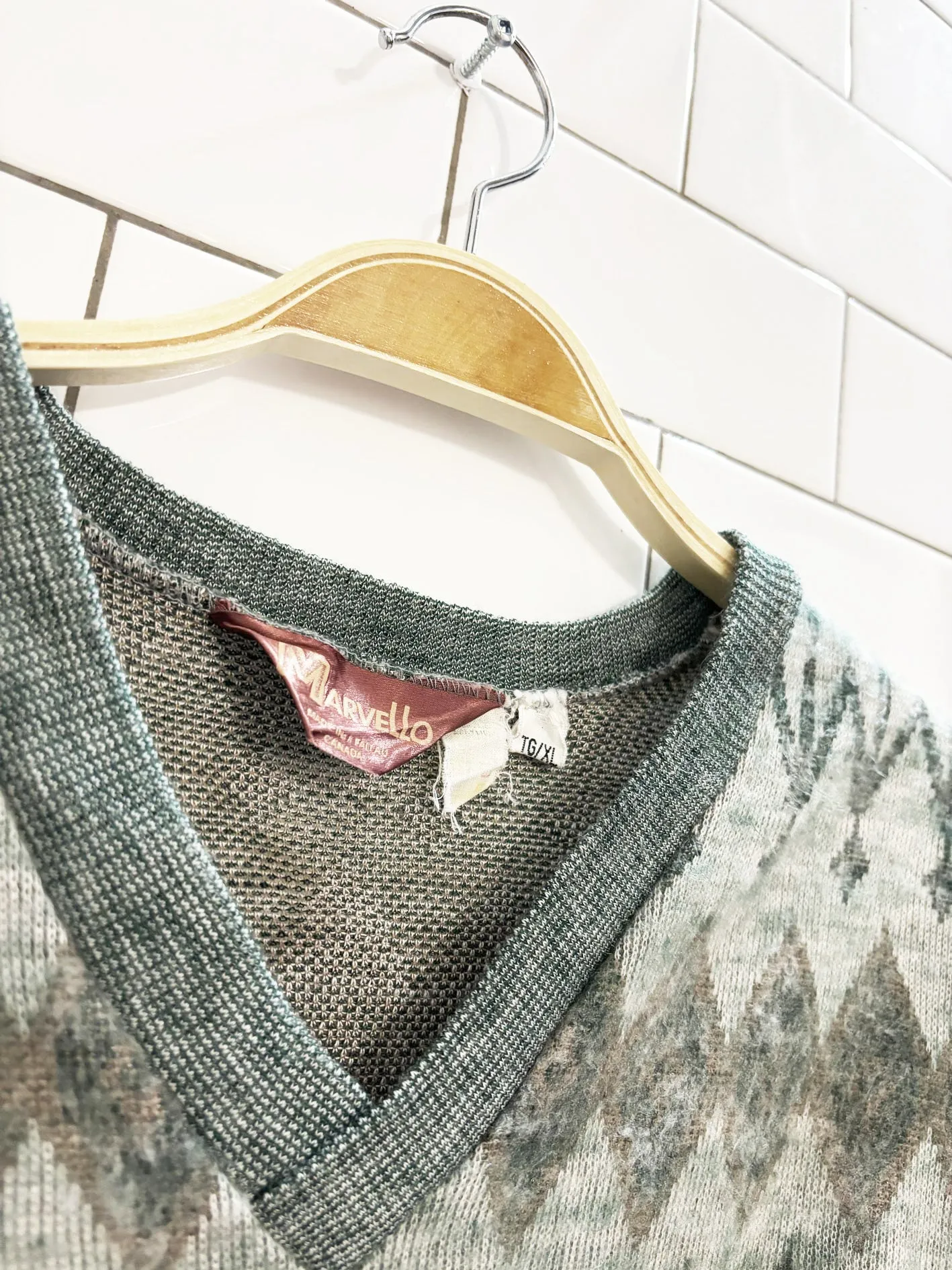 vintage 80s marvello patterned knit v neck sweater sold by Good Market Thrift Store product image thumbnail 2