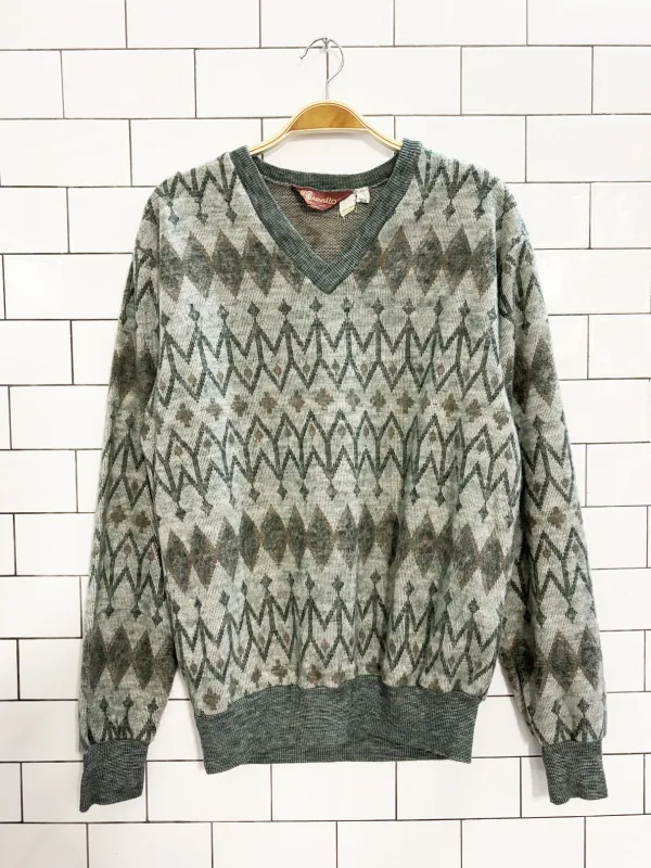vintage 80s marvello patterned knit v neck sweater sold by Good Market Thrift Store