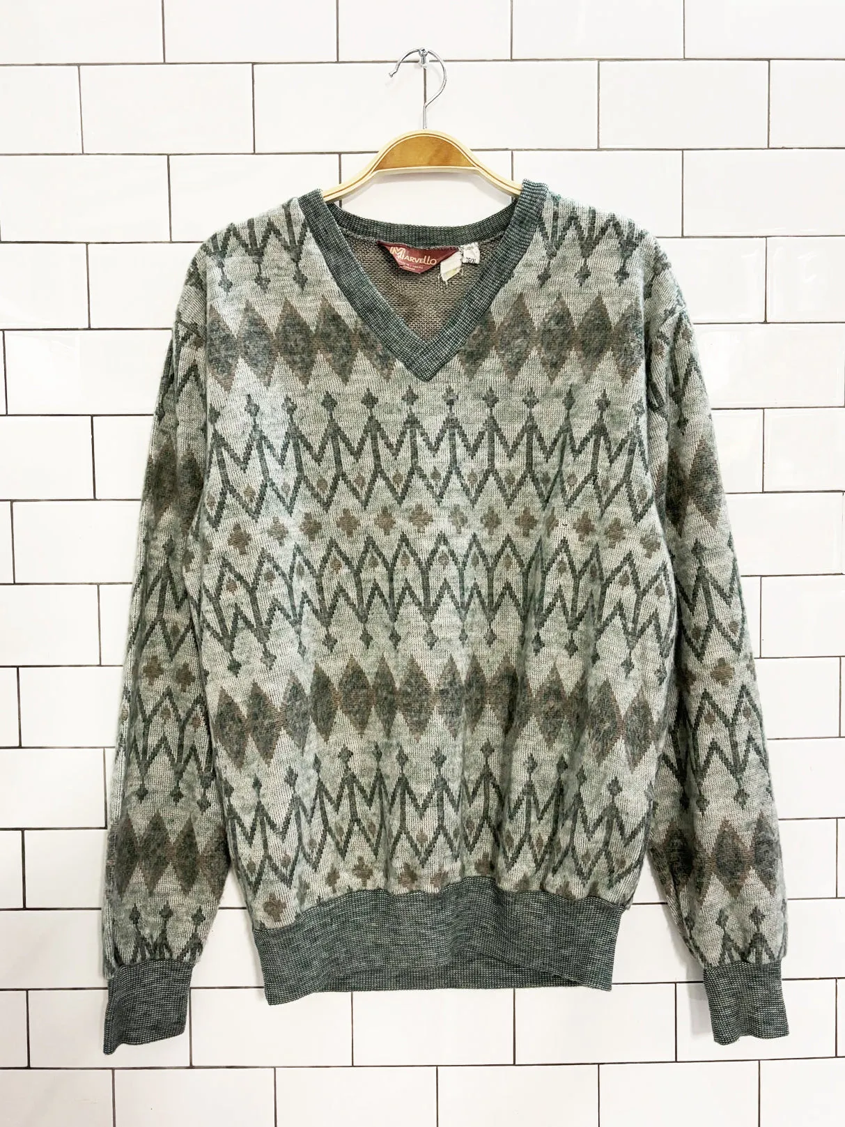 vintage 80s marvello patterned knit v neck sweater sold by Good Market Thrift Store