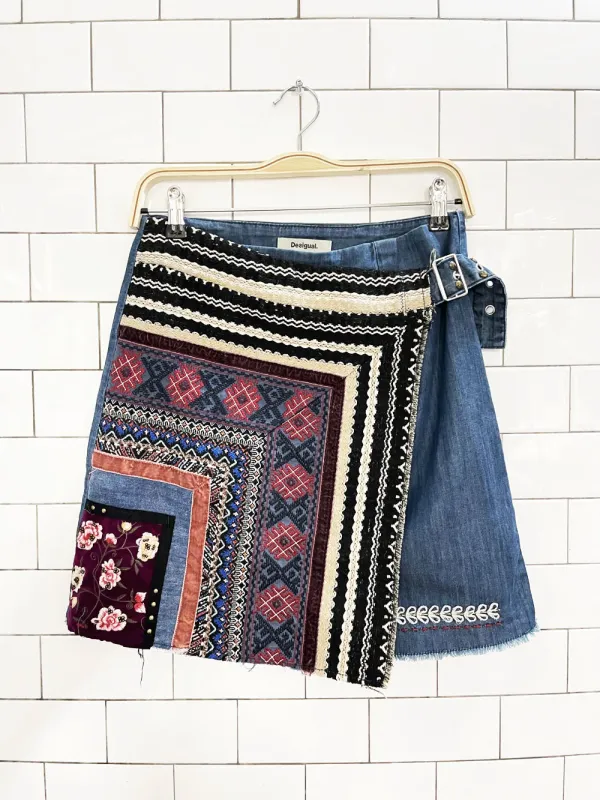 desigual boho patchwork wrap embroidered denim mini skirt sold by Good Market Thrift Store