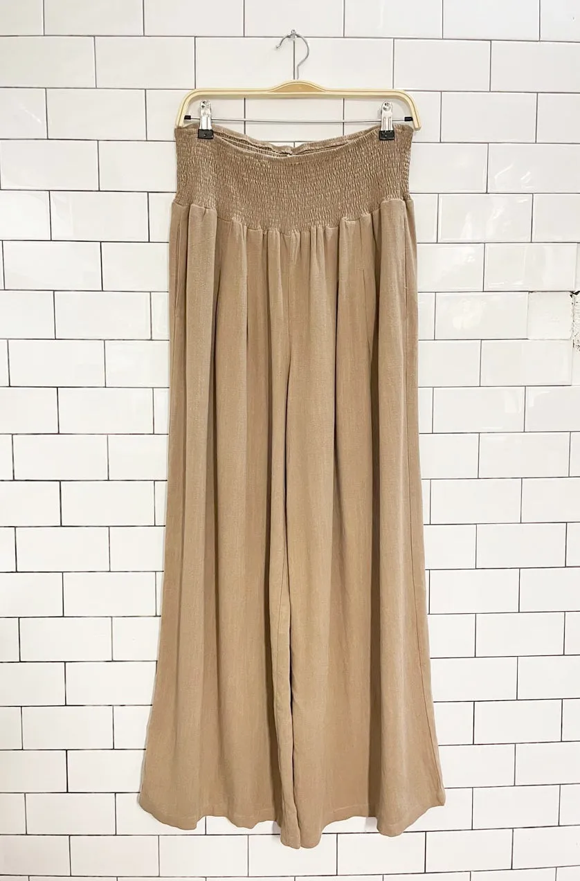 linen-blend smocked waist pleated wide leg pants sold by Good Market Thrift Store
