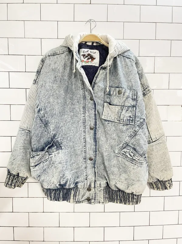 vintage 90s east west hooded striped acid wash denim bomber jacket sold by Good Market Thrift Store
