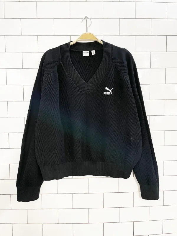 puma herrringbone knit v-neck cotton sweater sold by Good Market Thrift Store